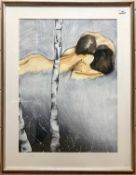 British, contemporary, two embraced nude figures, watercolour and acrylic, 28x21ins, framed, mounted