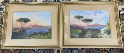 A pair of circa 20th century, gouache on paper Japanese coastal scenes, unsigned, framed, mounted