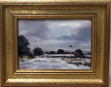 James J Allen (British, Contemporary), Winter near Stalham, Norfolk, oil on board, signed, 4.5x6.