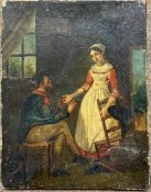 British School, 19th century, an interior scene of a soldier and maid, oil on canvas, 9.5x7.5ins,