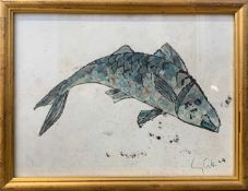Lucy Cliffon, leaping fish, indian ink and bodycolour, framed and glazed.