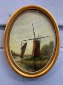 Leslie W. Lang (British, 20th century), windmill and wherry, gouache, signed,8.5insx6ins, oval