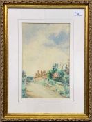 A.G. Hardy (British, 20th century), A country lane leading to a row of houses, watercolour,