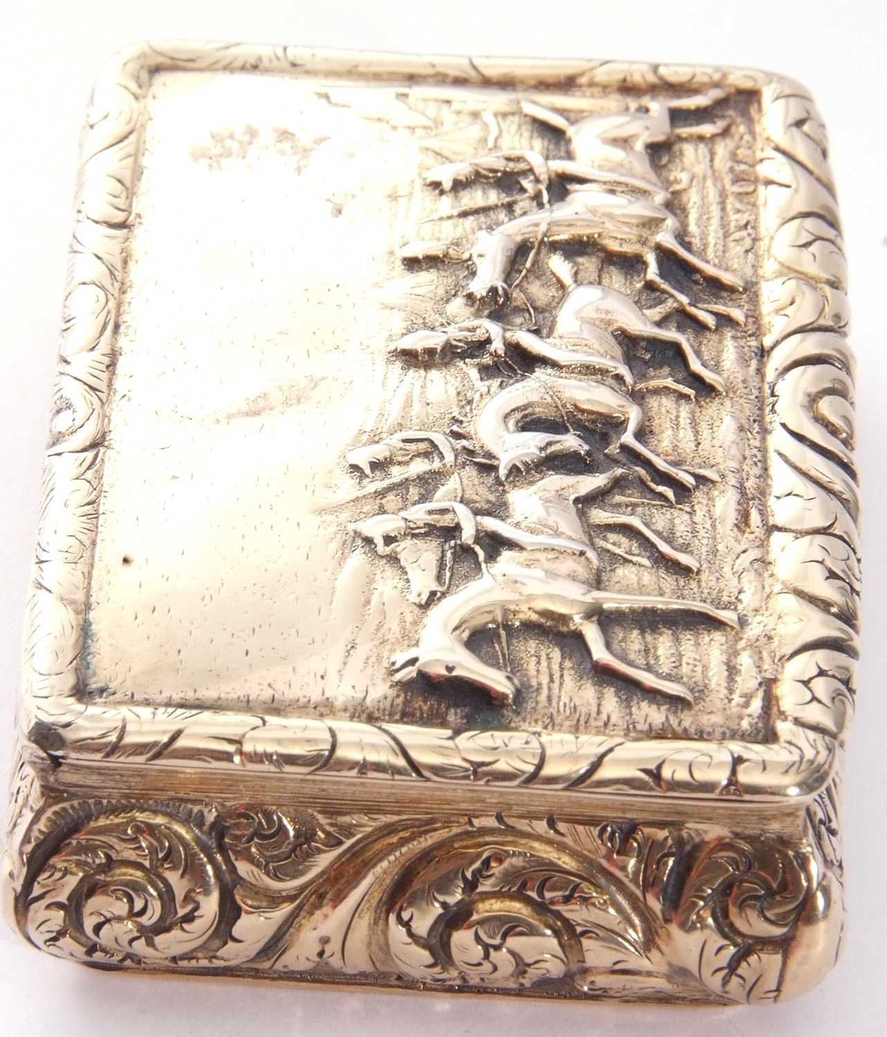 George IV heavy cast silver gilt snuff box of bombe sided rectangular form, the lid with raised - Image 5 of 8