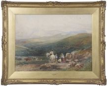 David Cox Snr (British, 1783-1859), 'Cader Idris, N.W.' with figures and cattle on a hillside,