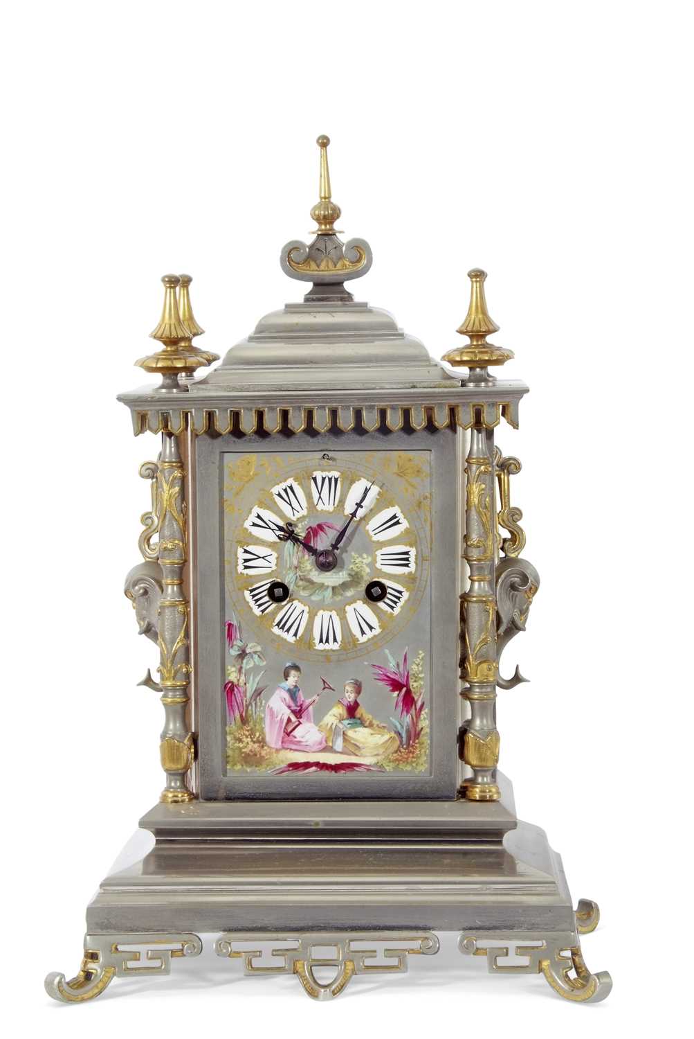 Good quality late 19th/early 20th century mantel clock, set in architectural metal and gilt
