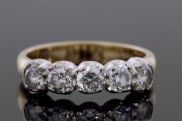 Five-stone diamond ring featuring five round brilliant cut diamonds, total wt approx 1ct, size O,