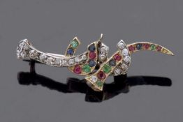 Precious metal, diamond and multi-stone set double horseshoe brooch, 4.5cm long