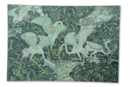 Mixed media on fabric picture of pelicans by a pool amongst green foliage, indistinctly signed lower