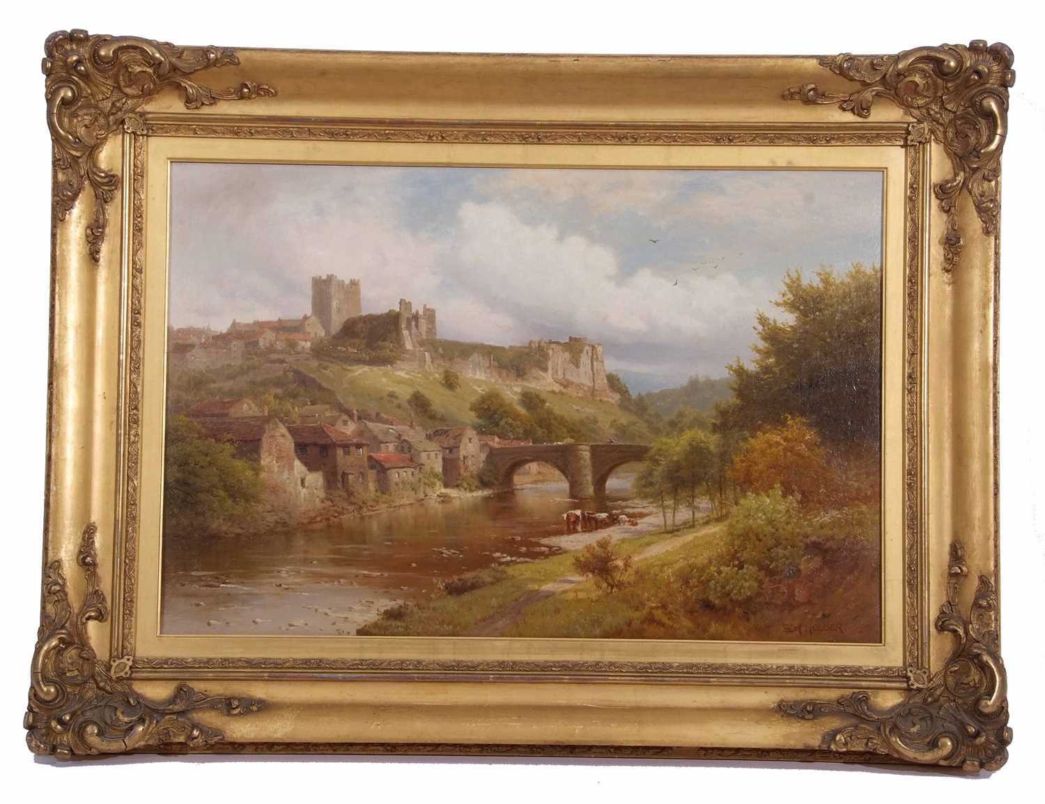 E. H. Holder (British, 19th Century), Richmond Castle from the River Swale, oil on canvas, signed. - Image 2 of 2
