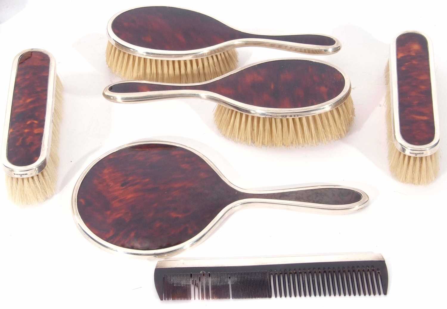 George V silver and tortoiseshell backed dressing table set of plain design comprising hand - Image 3 of 8