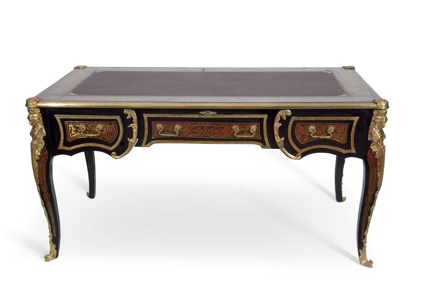 Reproduction boule style desk with inset writing surface over three drawers with ornate brass
