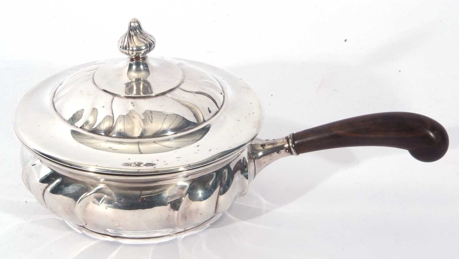 Early/mid-20th century Danish silver flambe or serving lidded pan with treen handle, the pan - Image 4 of 9