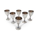 Set of six Elizabeth II goblets of tapering cylindrical form with beaded knop and spreading circular