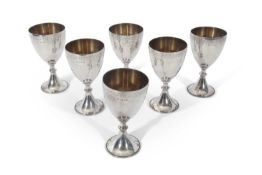 Set of six Elizabeth II goblets of tapering cylindrical form with beaded knop and spreading circular