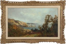 Manner of John Knox (British, 1778-1845), An extensive coastal landscape with figures in the