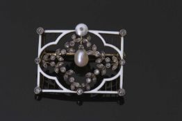 European pearl, diamond and enamel brooch of rectangular open work design, centring an articulated