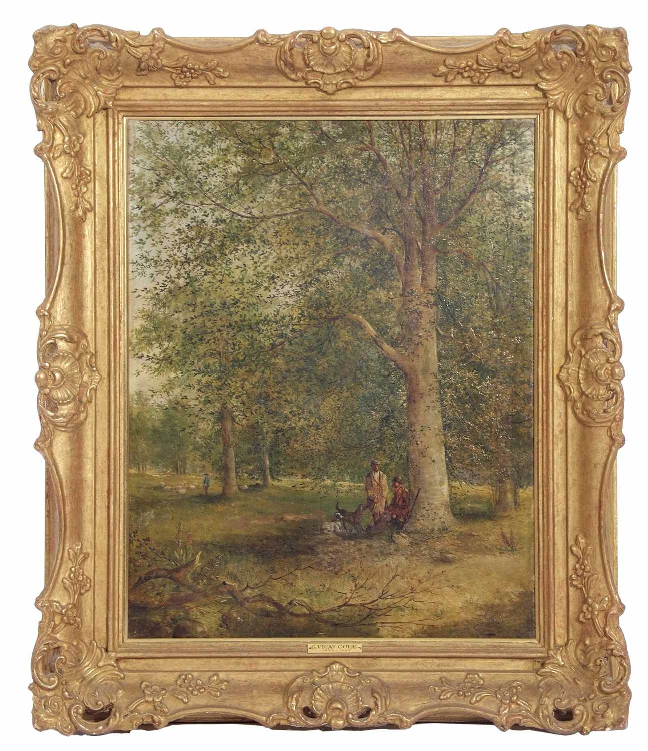 George Vicat Cole (British 1833-1893) A Gamekeeper and other figures in a woodland setting , Oil - Image 2 of 2