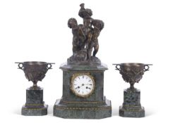 A good quality19th century French clock garniture, the clock set in a green marble case mounted with