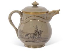 Rare 19th century Davenport drabware jug and cover decorated with cossack prints, the spout