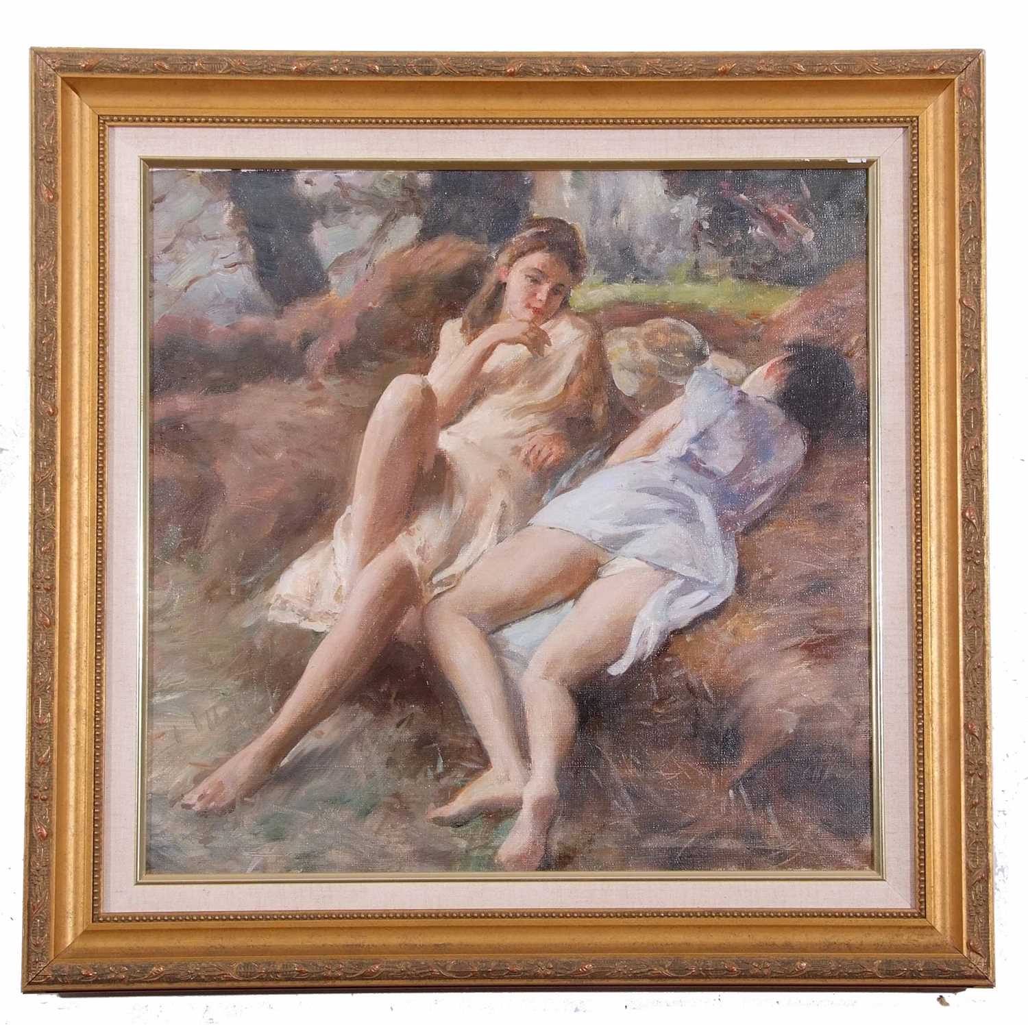Oleg Lomakine (Russian, 20th Century), 'Reverie', two girls on a woodland bank, signed, dated ( - Image 2 of 2