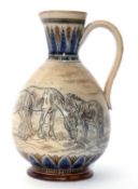A Doulton Lambeth jug dated 1883, the bulbous body wirh incised decoration of horses by Hannah