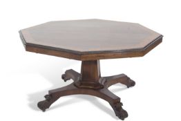 Late Georgian or William IV rosewood veneered octagonal dining or centre table, the top with an