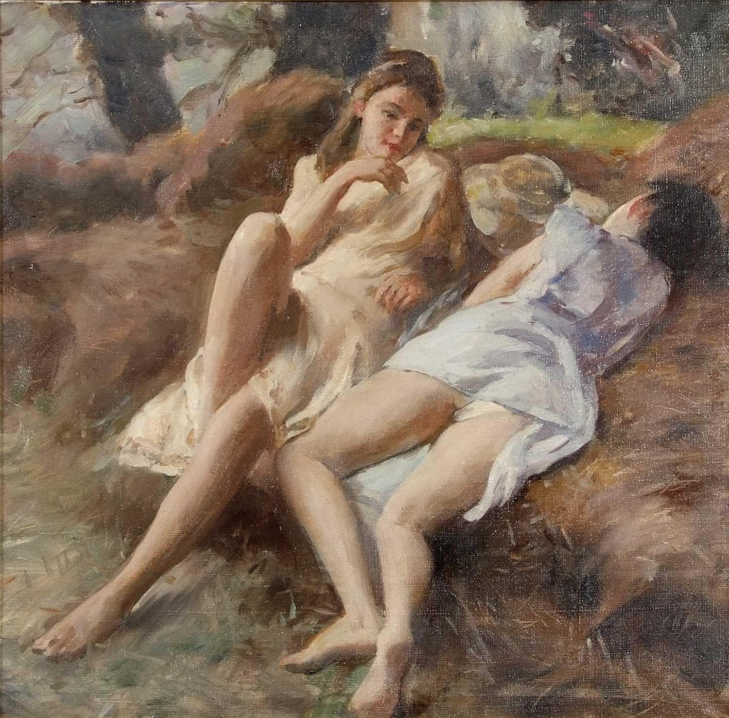 Oleg Lomakine (Russian, 20th Century), 'Reverie', two girls on a woodland bank, signed, dated (