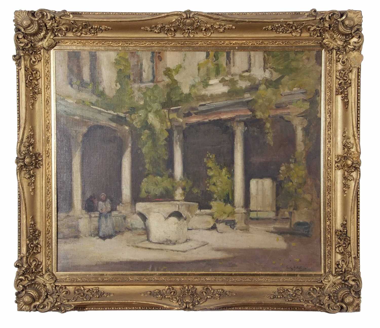 Emily Murray Paterson RSW SWA (British 1855-1934), Figures in a courtyard, Oil on board, signed. - Image 3 of 3