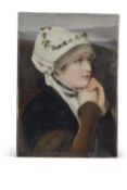 KPM style plaque finely painted with image of a young girl, label to reverse for F A Kaulbach, No