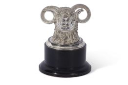 Silver plated ram's head inkwell, the modelled ram's head with repousse detail of the face, horns