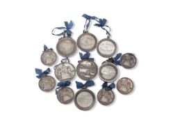 Interesting collection of 13 Scottish agricultural silver medallions, including 7 presented by The