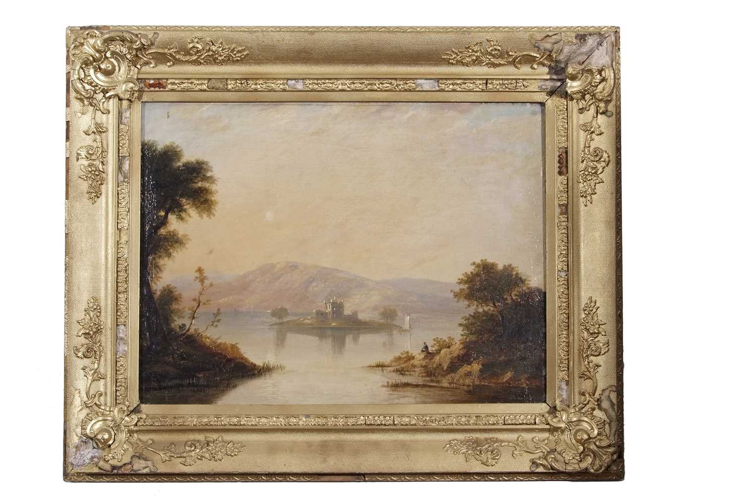 Follower of Alexander Naysmith (1758-1840), A figure by a loch looking out to a ruined castle, oil