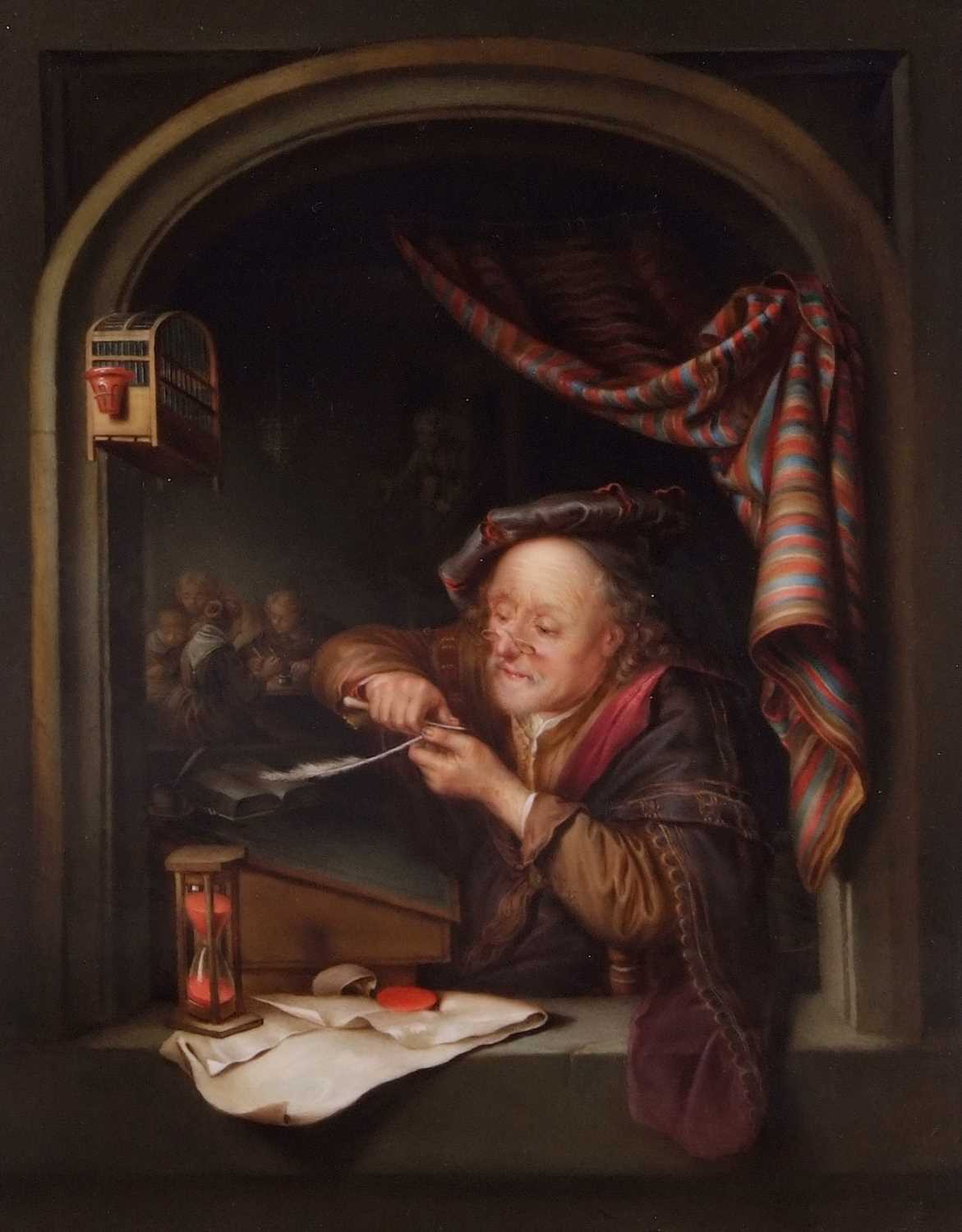 A Meissen porcelain plaque depicting an old schoolmaster sharpening his quill with children in a - Image 3 of 3