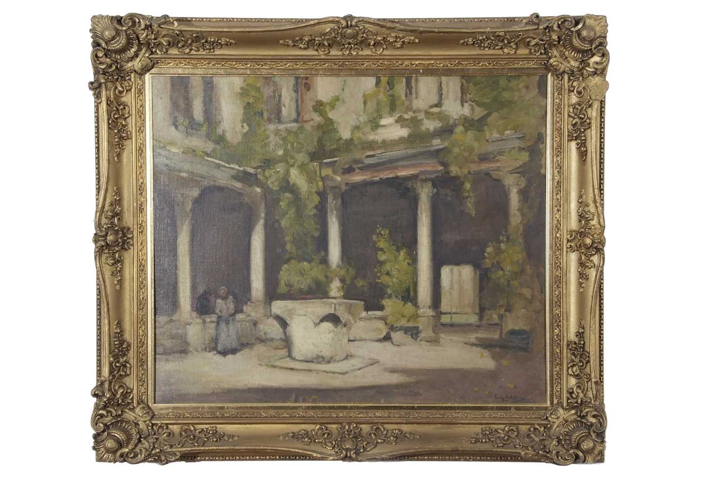 Emily Murray Paterson RSW SWA (British 1855-1934), Figures in a courtyard, Oil on board, signed.