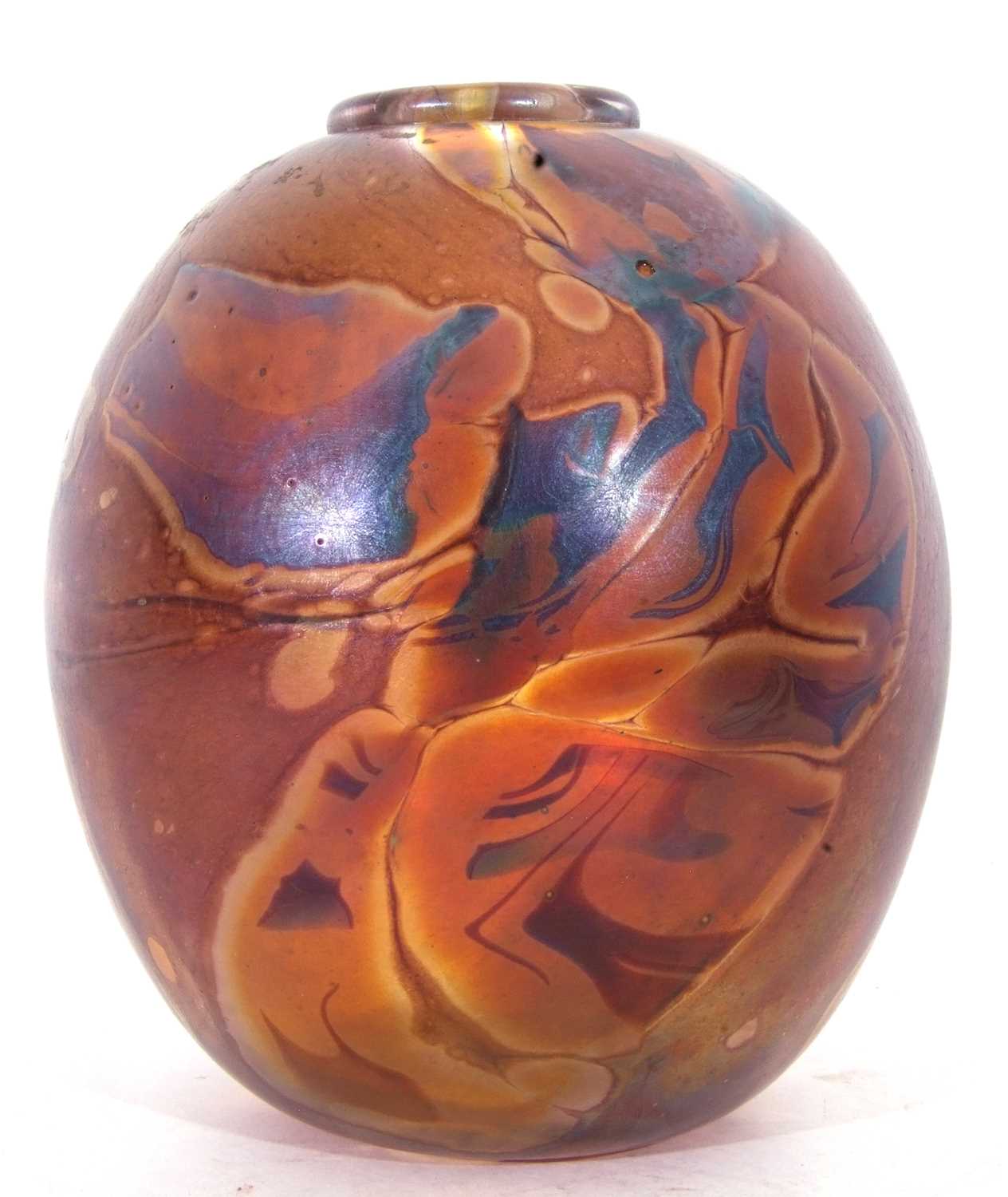 Globular Studio glass vase, the brown ground decorated with a floral design, indistinct signature