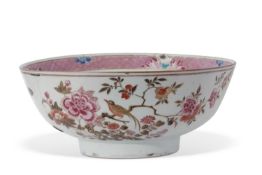 Chinese porcelain punch bowl, Qianglung period, decorated in famille rose style with birds on