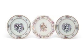 Pair of 18th century Chinese porcelain armorial plates, decorated with the arms of Borough