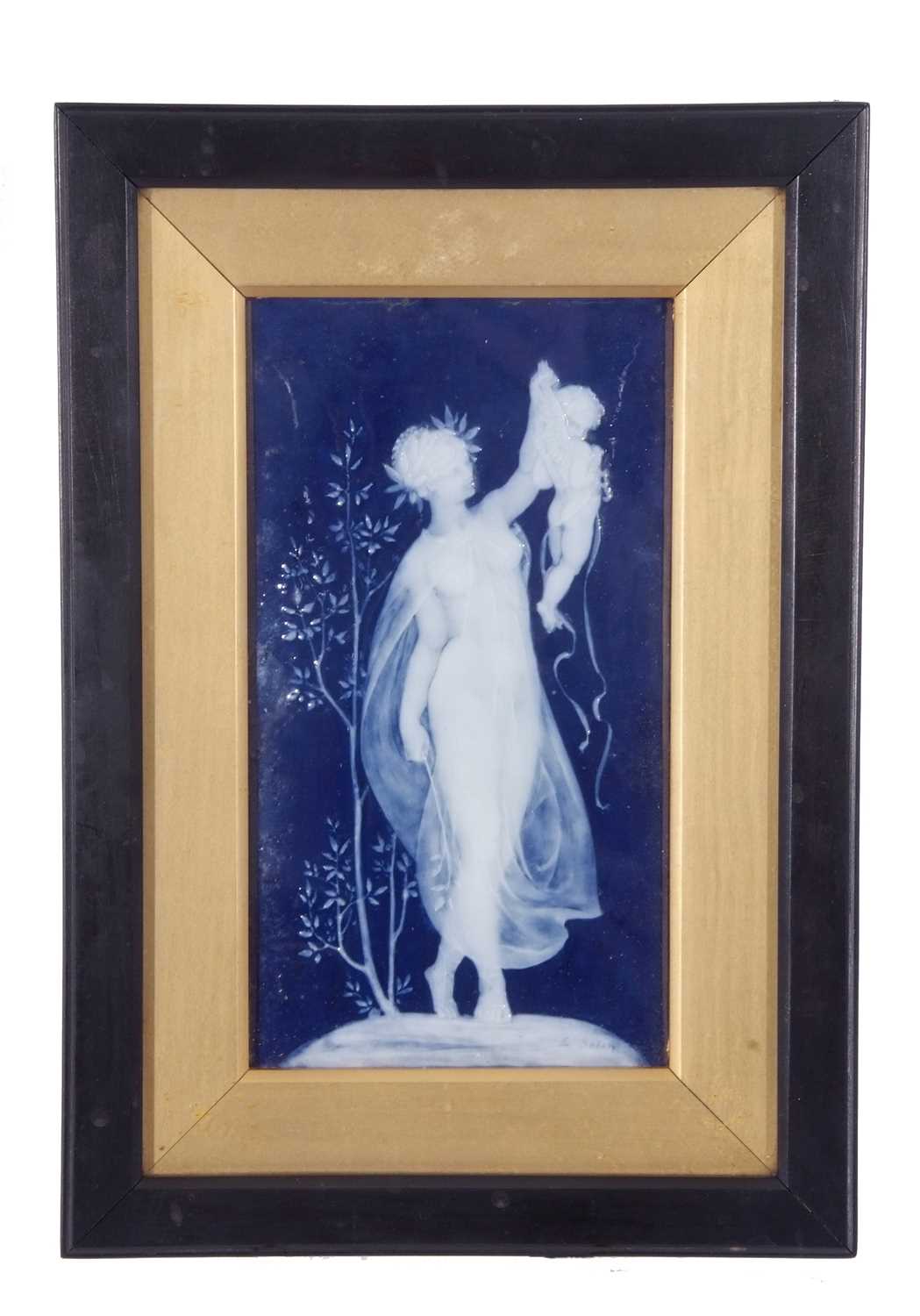 Framed pate-sur-pate plaque, signed by L Solon, of a maiden holding a cherub aloft, in black and - Image 2 of 5