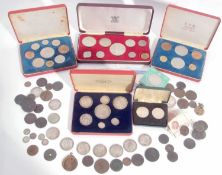 Box of assorted mainly UK coins in tins, loose etc, including Queen Victoria 1887 Jubilee set