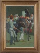 Roger Colman (British, b. 1930), 'Kicking Out in the Paddock - Goodwood'. Oil on board, signed.