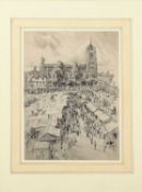 Dennis Flanders (British, 1915-1994), Norwich St. Peter Mancroft seen across the famous market