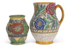 A Charlotte Rhead vase with loop handle with the Persian Rose pattern together with a smaller vase
