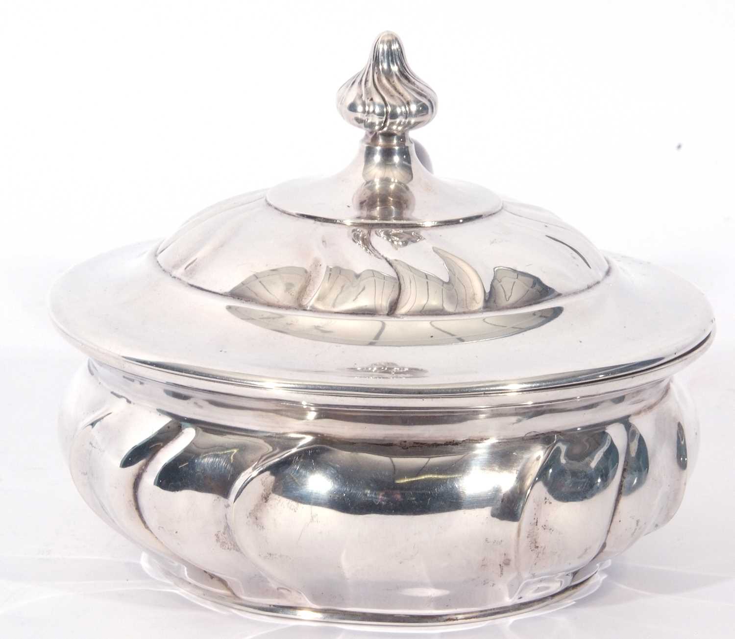 Early/mid-20th century Danish silver flambe or serving lidded pan with treen handle, the pan - Image 5 of 9