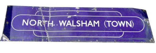 Blue and white enamel sign “North Walsham (Town)” (damaged)8ft x 2ft