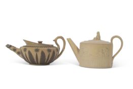 Wedgwood 19th century drabware tea pot, together with a further cane ware example, one impressed '