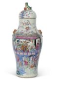 Large late 19th century Chinese porcelain floor vase and cover, the vase decorated in polychrome