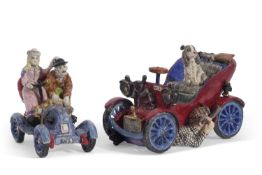 Two pottery novelty vintage cars by Basil Matthews, one with dog in driver's seat (2)