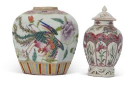 18th century Chinese porcelain tea caddy and cover decorated in famille rose style with flowers