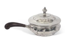 Early/mid-20th century Danish silver flambe or serving lidded pan with treen handle, the pan